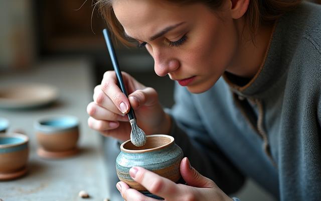 Skilled potter applying glaze to a detailed ceramic piece