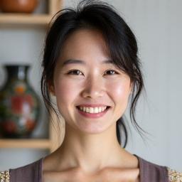 陶芸インストラクター、佐藤綾香の肖像画。モダンな作風を思わせるアトリエで微笑んでいます。